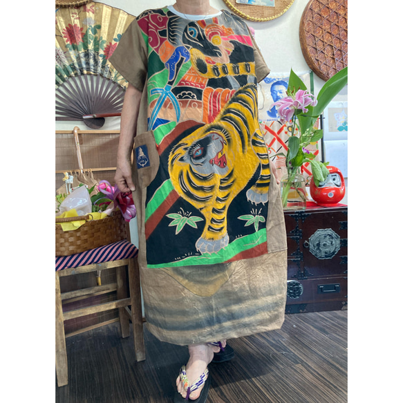 柿渋染め手描きのぼり旗リメイクワンピース ひっかえし 