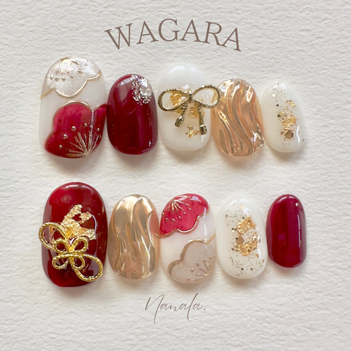 065】ラメツイード×ベージュブラウン パール ネイルチップ 秋/おでかけ  