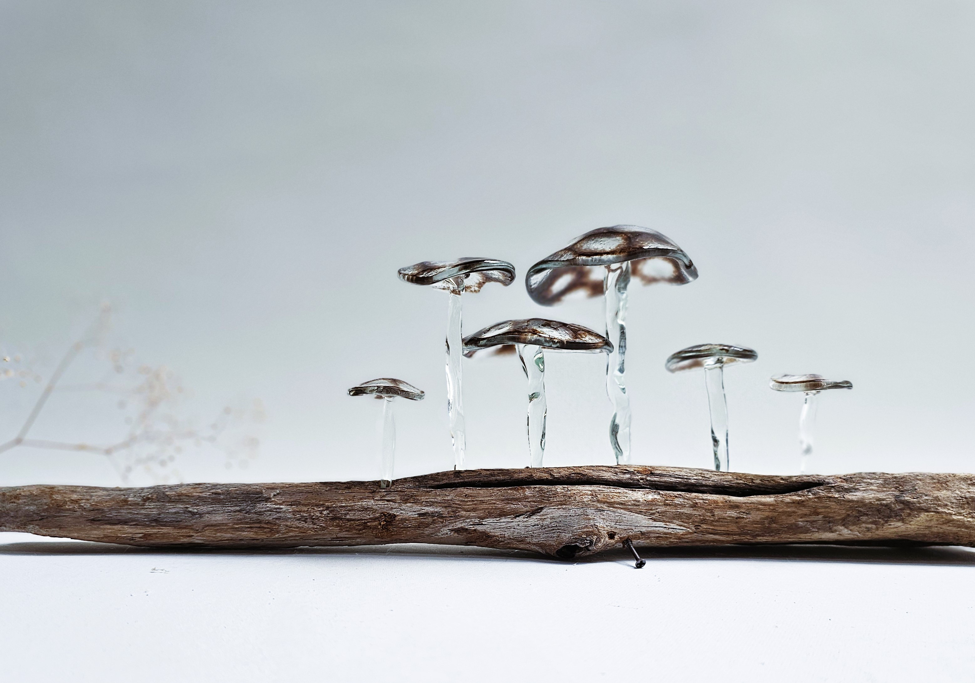 ガラスのキノコ　置物　オブジェ　茶被せうろこ6本