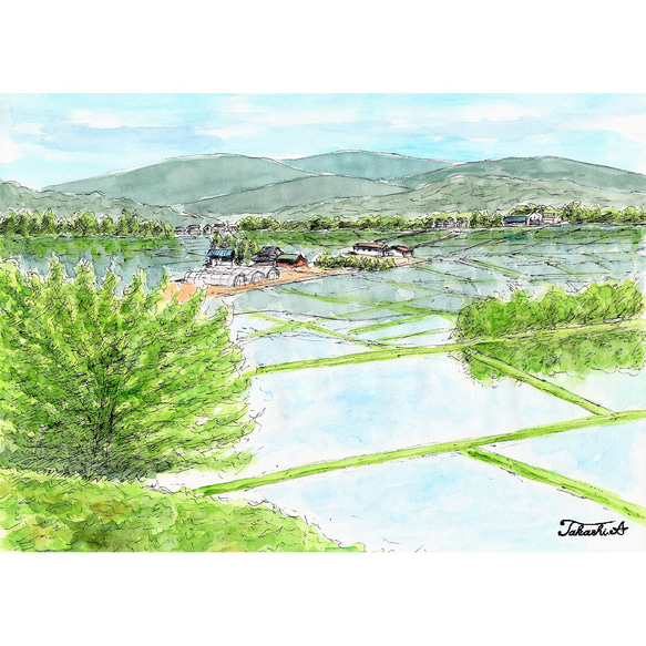 絵画　風景画　原画① 原画一点物 「田植え前の風景」 ＜ペンスケッチ＋透明水彩＞ 絵画