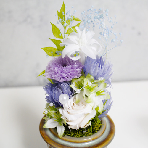 仏花 仏具 ガラスドーム プリザーブドフラワー「真珠の涙」MURASAKI