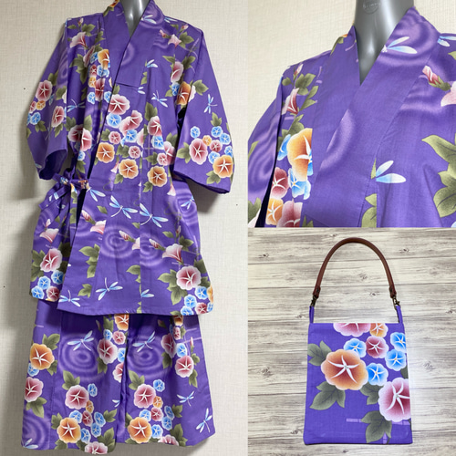 新品 浴衣甚平 紫 あさがお 柄 リメイク 大きいサイズ 〜XXL No