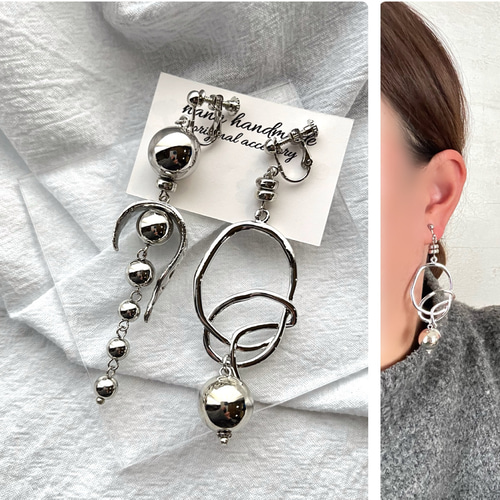 再販】シルバー メタル 不規則 チャーム 大ぶり ハンドメイド ピアス