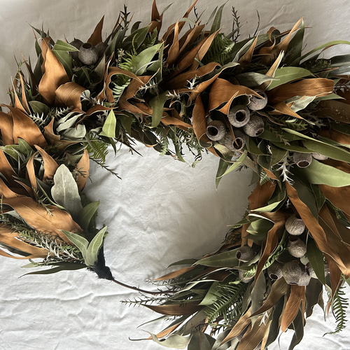 グレビレアとユーカリの実の存在感ある大きな大きな縦横オブジェ