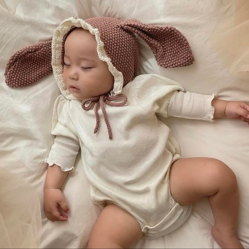 垂れ耳うさぎのコットンフリルボンネット 帽子(ベビー・キッズ