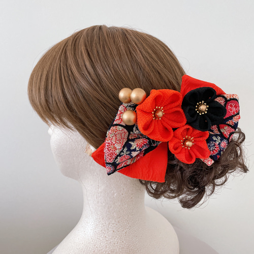 つまみ細工の髪飾り【橙×黒柄Wリボン】成人式 振袖 卒業式 袴 浴衣