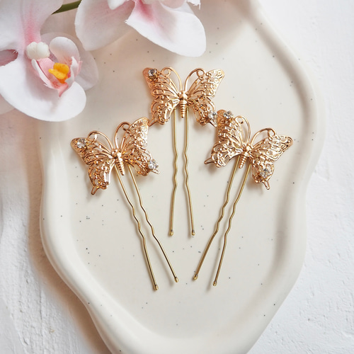 orgablanca 蝶々モチーフ ヘアピン 3本セット orgablanca 蝶々モチーフ ヘアピン 3本セット orgablanca 蝶々モチーフ
