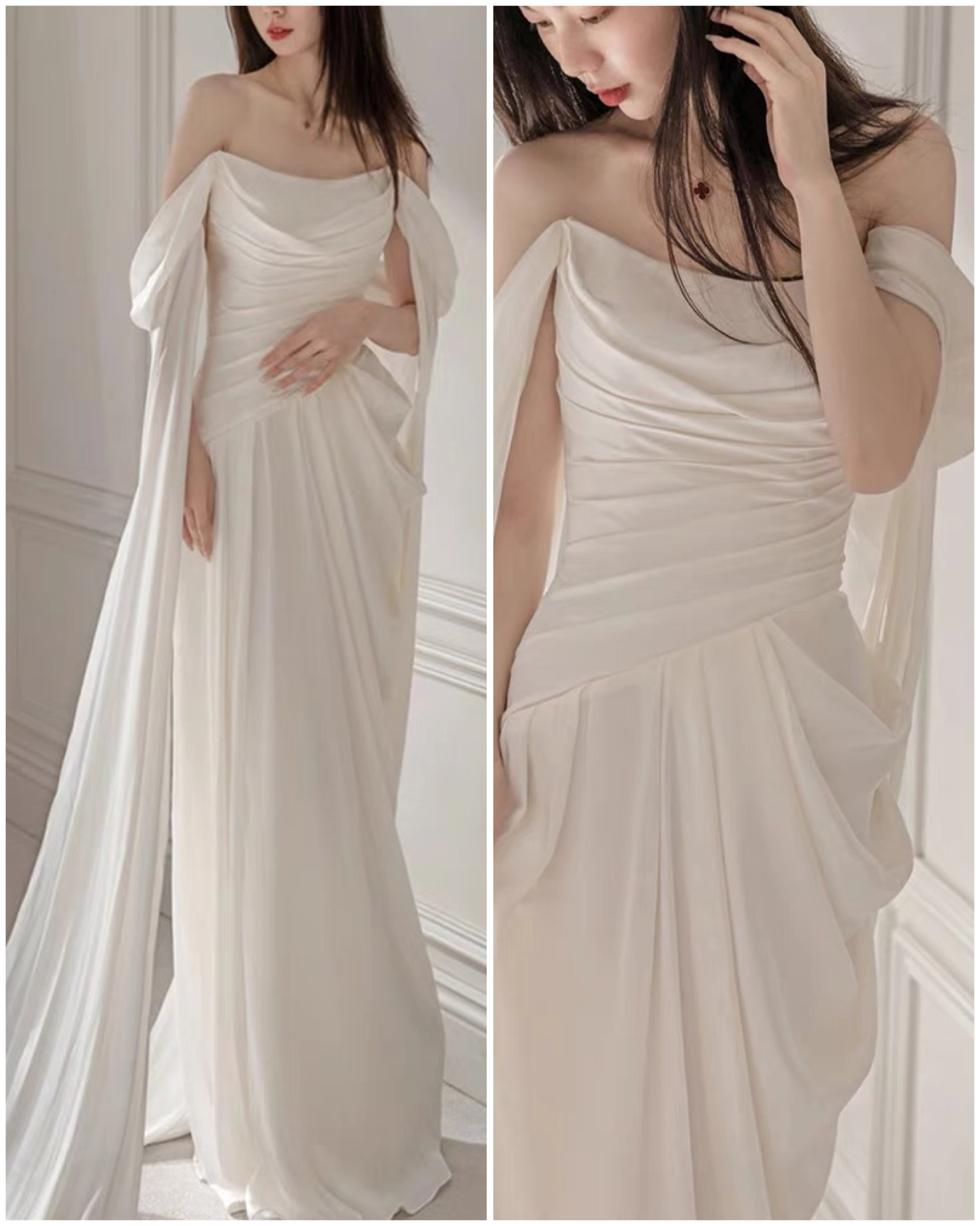 オフショルダー　サテン　二次会　前撮り　ウェディングドレス（WD242222）