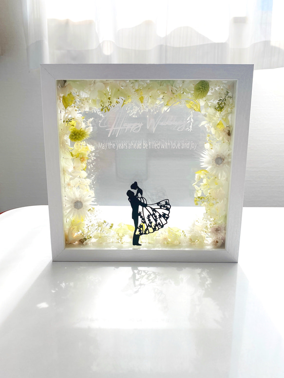 名入れギフト　グリーン　ガラスフレームボックスアレンジメント　結婚祝い　プリザーブドフラワー　ウェディング　両親贈呈品 6枚目の画像