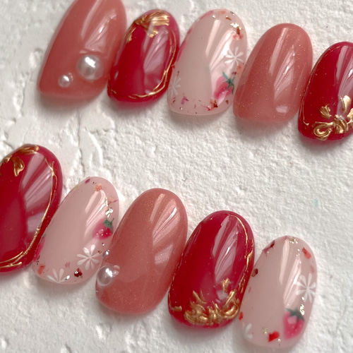 no.028いちご ネイルチップ ガーリー ピンク 赤 マグネット チェック 花 no.028いちご ネイルチップ ガーリー ピンク 赤 マグネット