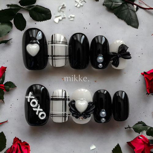 文字入れ可能 】ネイルチップ〔 mikke. 〕/ 推し活 チェック 黒 ライブ