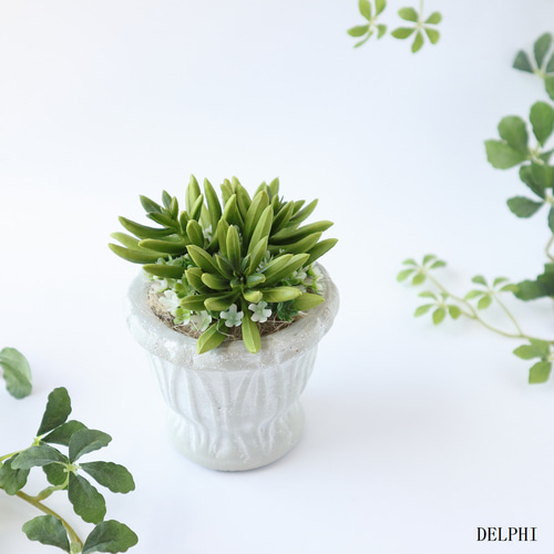 プリザグリーンとフェイク多肉の寄植え風アレンジメント