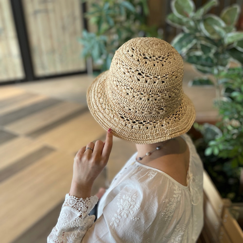 天然草　帽子 限定 天然草木ラフィア】経年劣化を楽しむ♡透かし編みボーダーハット