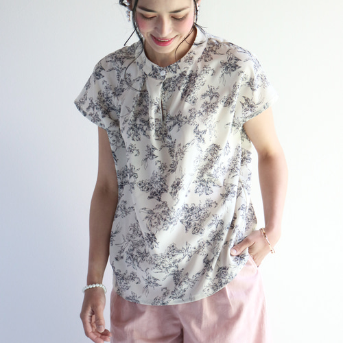 涼さら【セットアップ】花柄バンドカラーTブラウス＆アシメフレア