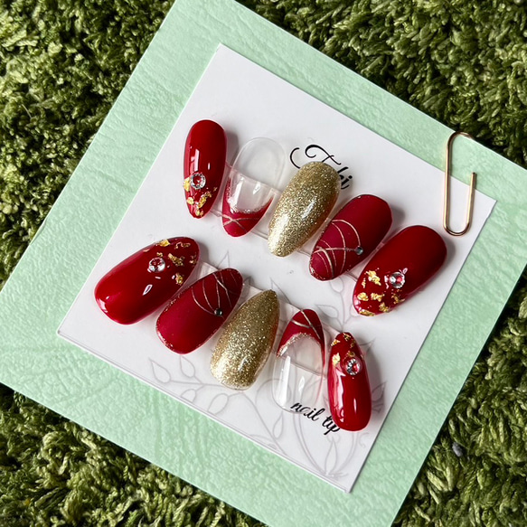 オーダー ネイルチップ 大人可愛い レッド 赤 ポイント 長め ネイル  