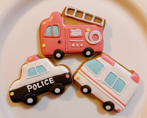 消防車　アイシングクッキー　パトカー　救急車 E.DXミニカーバースデーセット】アイシングクッキー クッキー