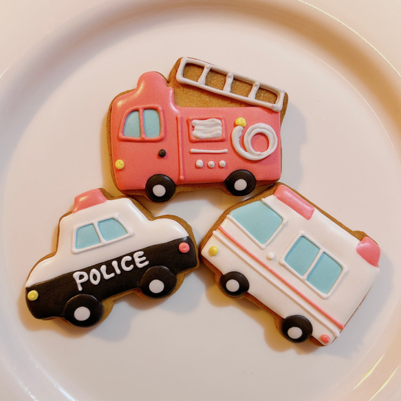 消防車　アイシングクッキー　パトカー　救急車 3枚セット】はたらく車アイシングクッキー♡パトカー♡消防車