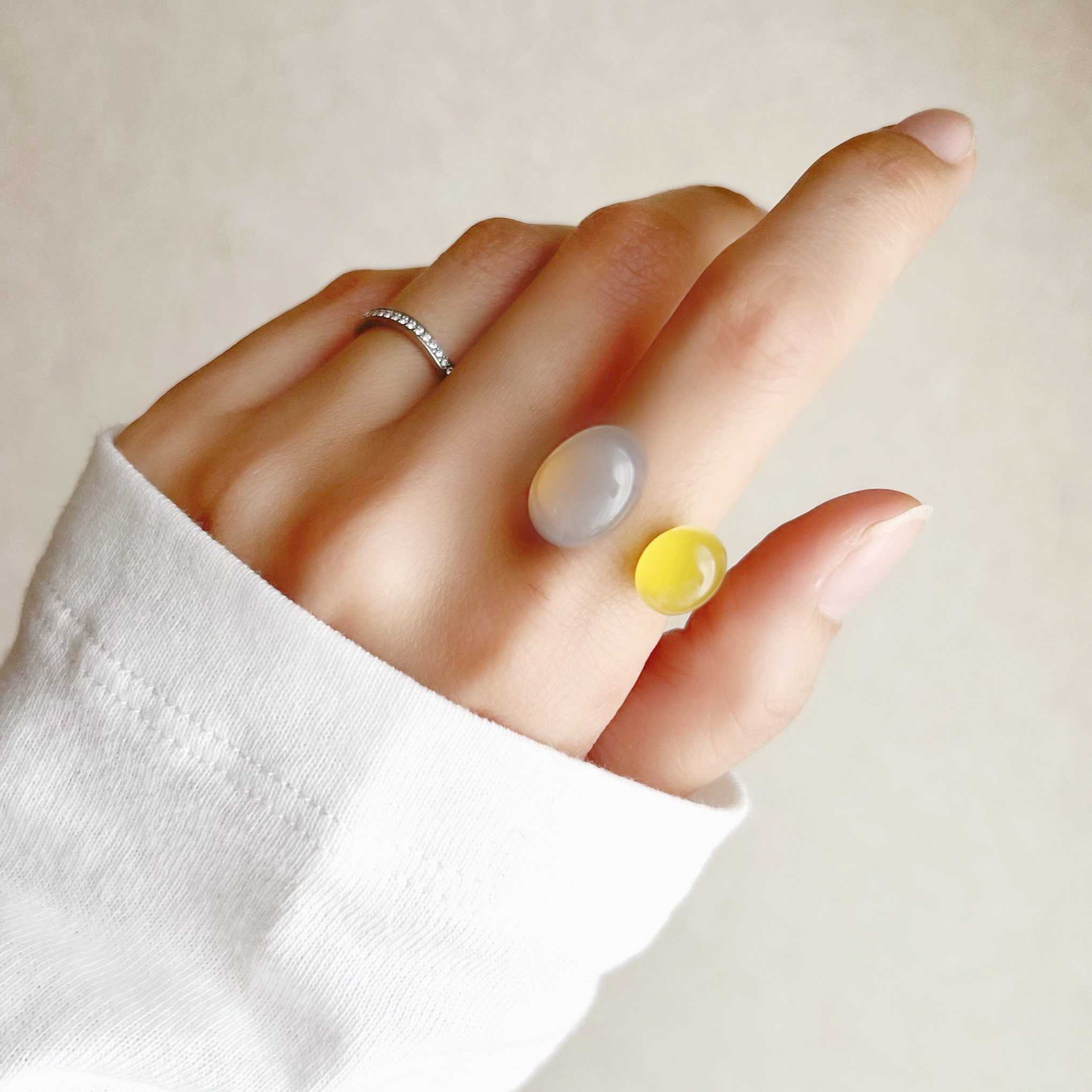 【JORIE】大人の遊び心❤️イエローカルセドニー×グレーオニキス　あなたのためのフォークリング