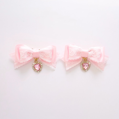 ハート ラインストーンチャーム ヘアクリップ ヘアリボン 2個セット