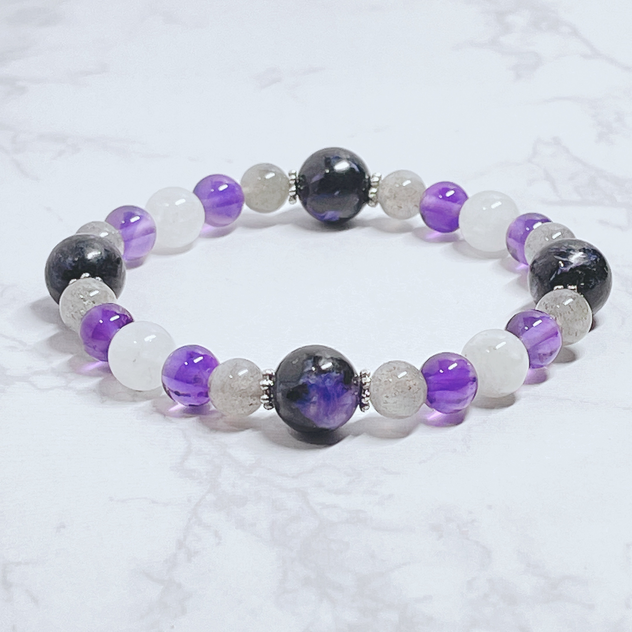 ✦強力な癒し・魂レベルの出会いを引き寄せる チャロアイト・ムーンストーン 天然石 ブレスレット No704再