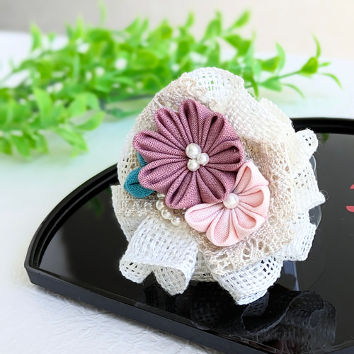 つまみ細工【ポニーフック】くすみカラー小花髪飾り ヘアアクセサリー