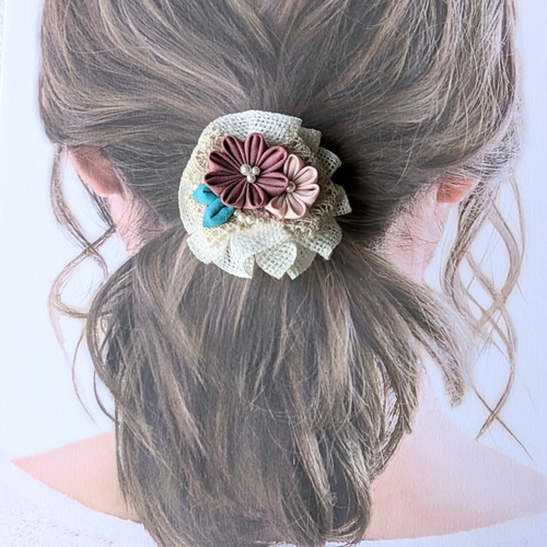 つまみ細工【ポニーフック】くすみカラー小花髪飾り ヘアアクセサリー
