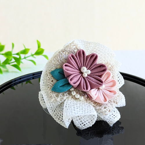 つまみ細工【ポニーフック】くすみカラー小花髪飾り ヘアアクセサリー