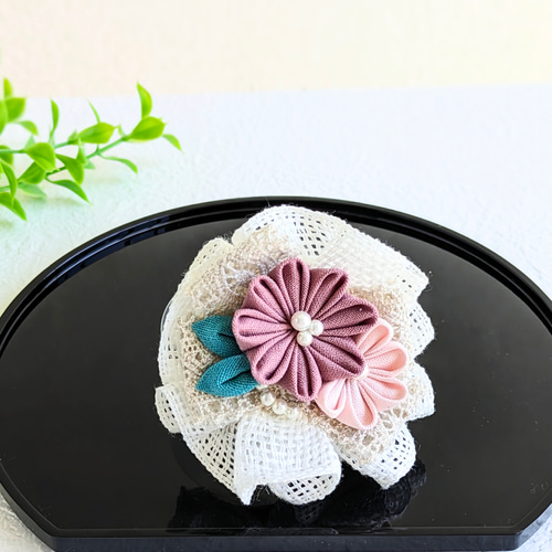 つまみ細工【ポニーフック】くすみカラー小花髪飾り ヘアアクセサリー