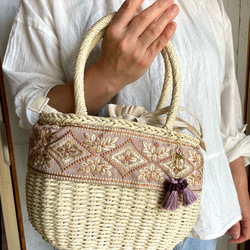 美品　大きめ　ビジュー　リボン　ビーズ　刺繍　カゴバッグ　インポート　大きめ fa4f316c58a33ad0ac085647c37f32