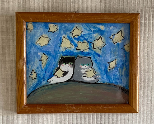 絵画。原画【二匹の猫が一緒にデートの道にきれいな星を探しに行きます】 絵画。原画【二匹の猫が一緒にデートの道にきれいな星を探しに
