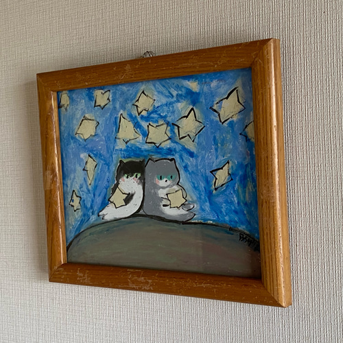 絵画。原画【二匹の猫が一緒にデートの道にきれいな星を探しに行きます】 絵画。原画【二匹の猫が一緒にデートの道にきれいな星を探しに