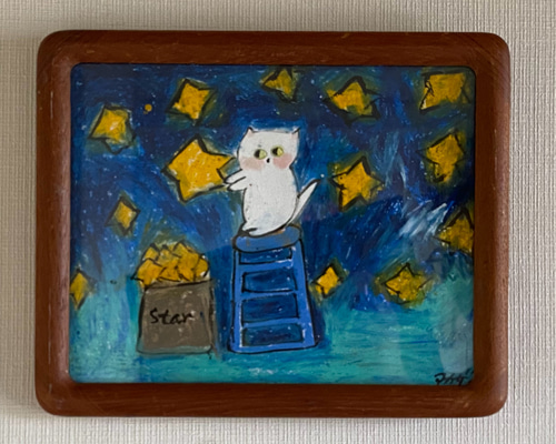 絵画。原画【かわいい白い猫が夜に梯子を登って光る星を集める