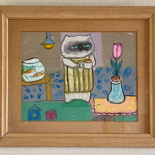 絵画。原画【シャム猫は週末にきれいで暖かい部屋を配置してから