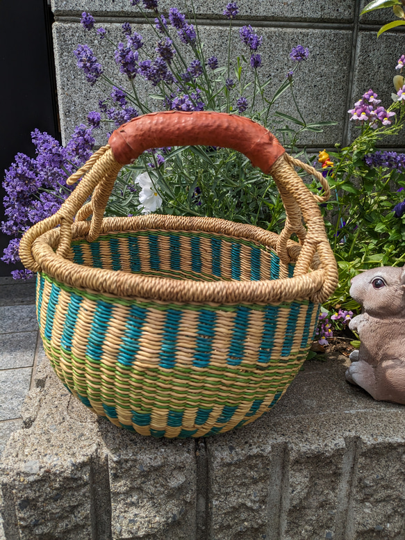 ボルガバスケット 緑 ガーナ アフリカンかご フルーツバスケット かご