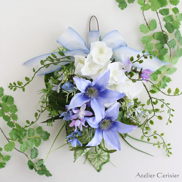 ☆ブルー クレマチス＆紫陽花 スワッグ ホワイト ＜アーティフィシャル