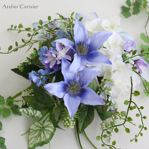 ☆ブルー クレマチス＆紫陽花 スワッグ ホワイト ＜アーティフィシャル  