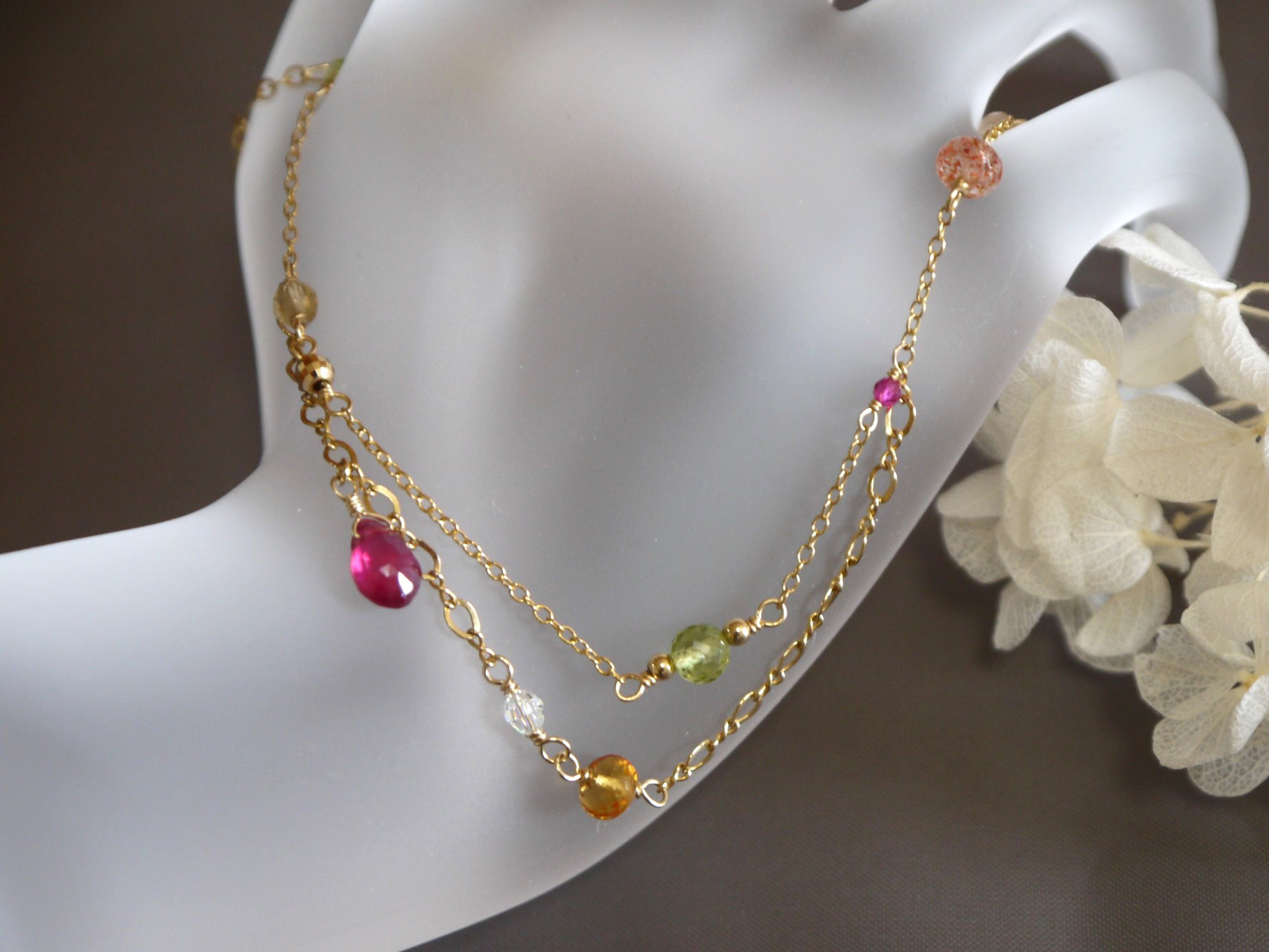 【K14GF/天然石】獅子座★ブレスレット（ルビー/ペリドット/サンストーン/シトリン）