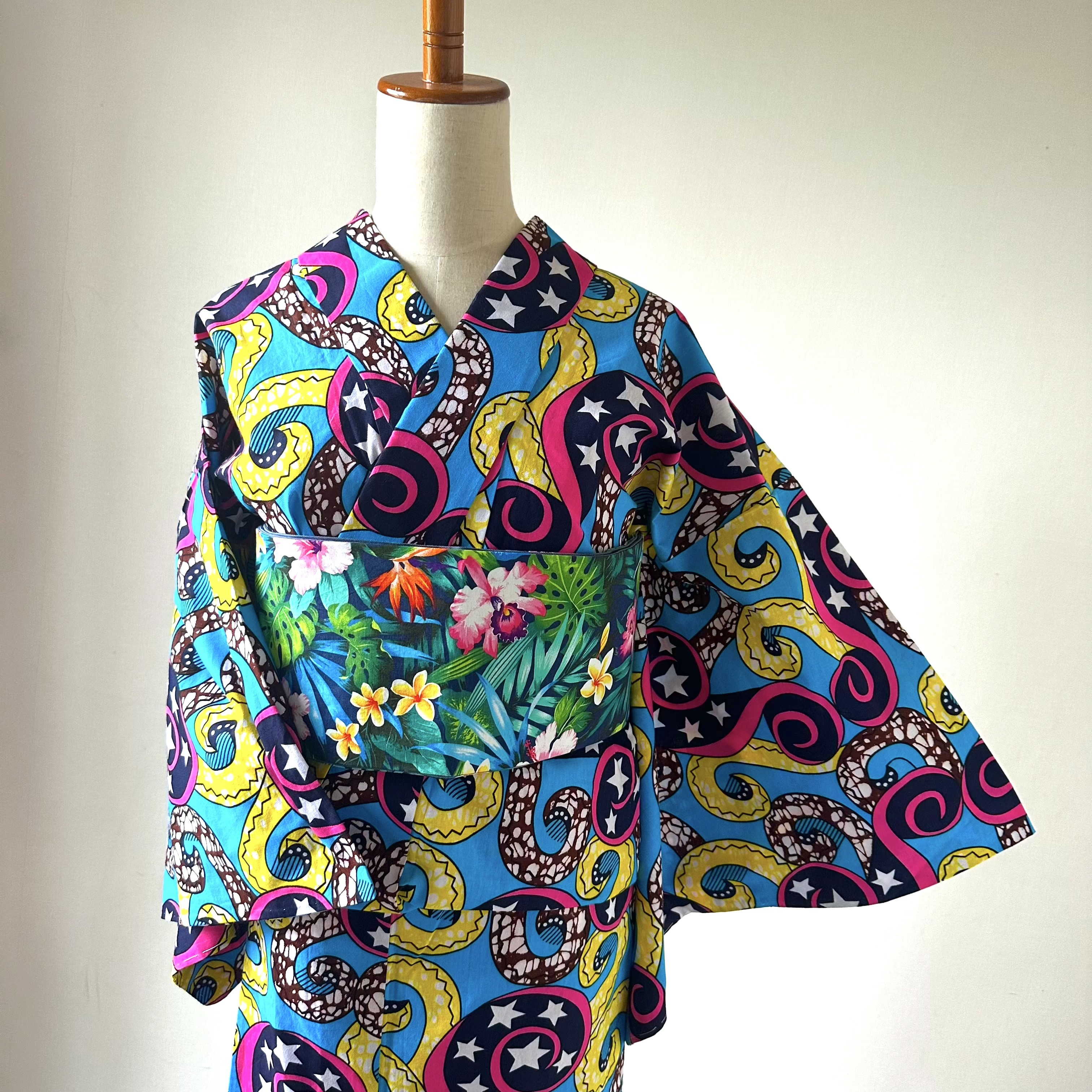 レディース 着物 馬柄 浴衣 アフリカ布 1点もの 青 フリル ハンドメイド