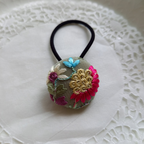 国産ヘアゴム使用】インド刺繍リボンのくるみボタンヘアゴム No.2