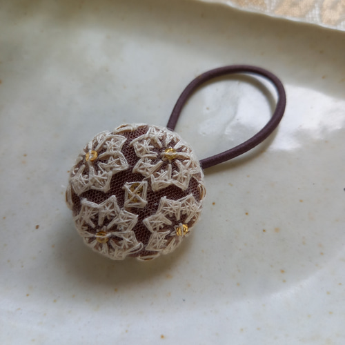 国産ヘアゴム使用】インド刺繍リボンのくるみボタンヘアゴム No.3