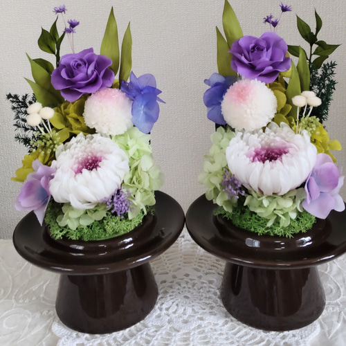 ガラスドーム一対仏花プリザーブドフラワーお手入れ不要