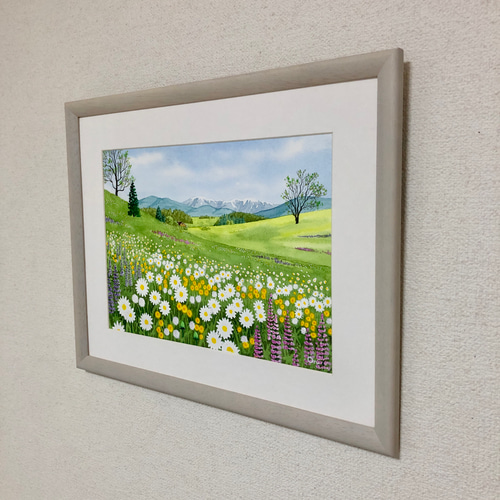 野花の咲くフィールド」透明水彩画 原画 風景画 額縁付 F4サイズ