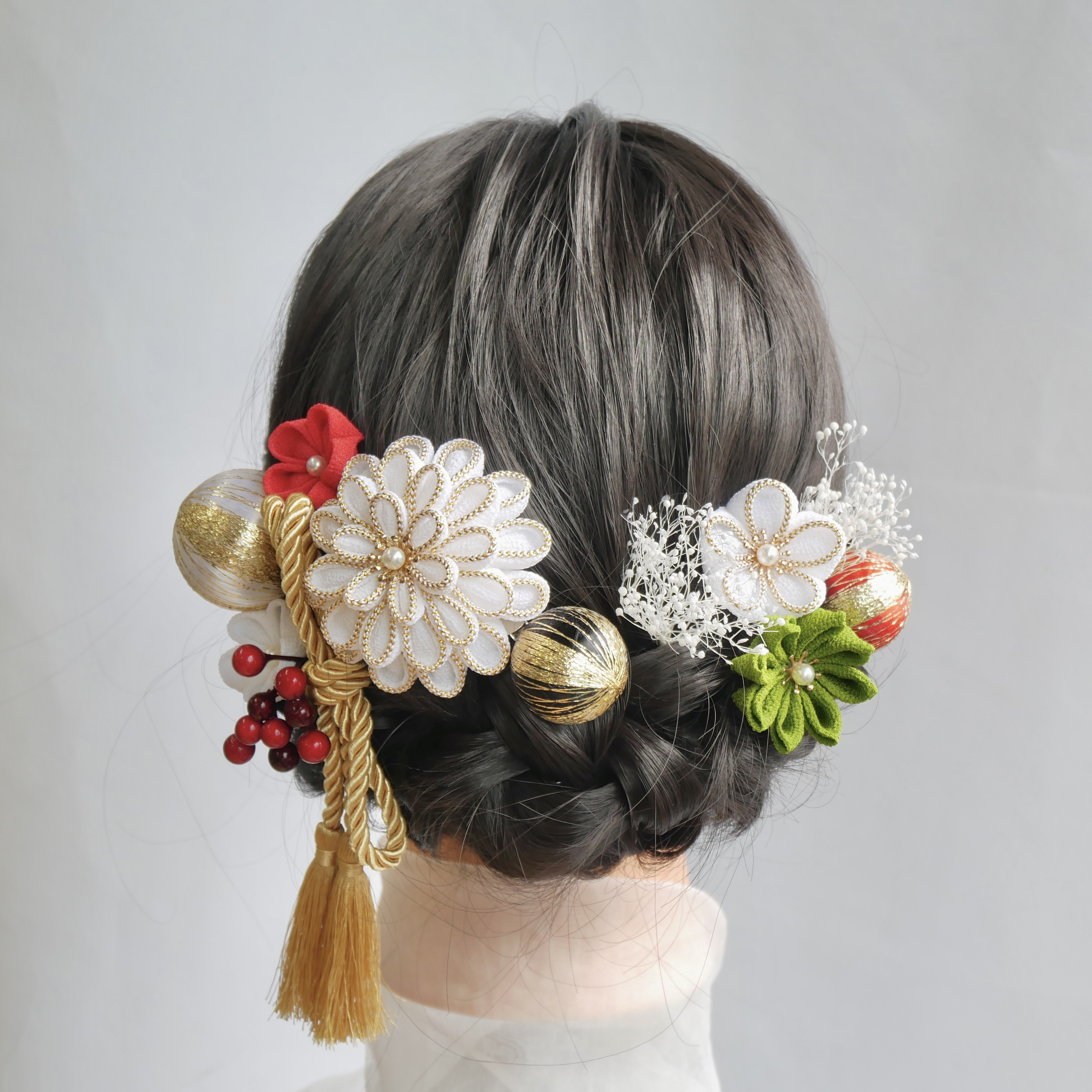 A464 つまみ細工　ドライフラワー　髪飾り　白　ゴールド　成人式　前撮り　卒業式　結婚式