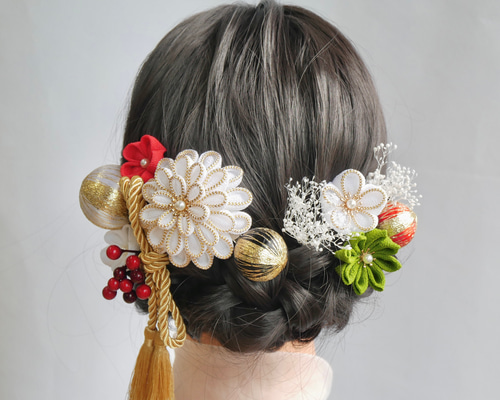 A464 つまみ細工 ドライフラワー 髪飾り 白 ゴールド 成人式 前撮り