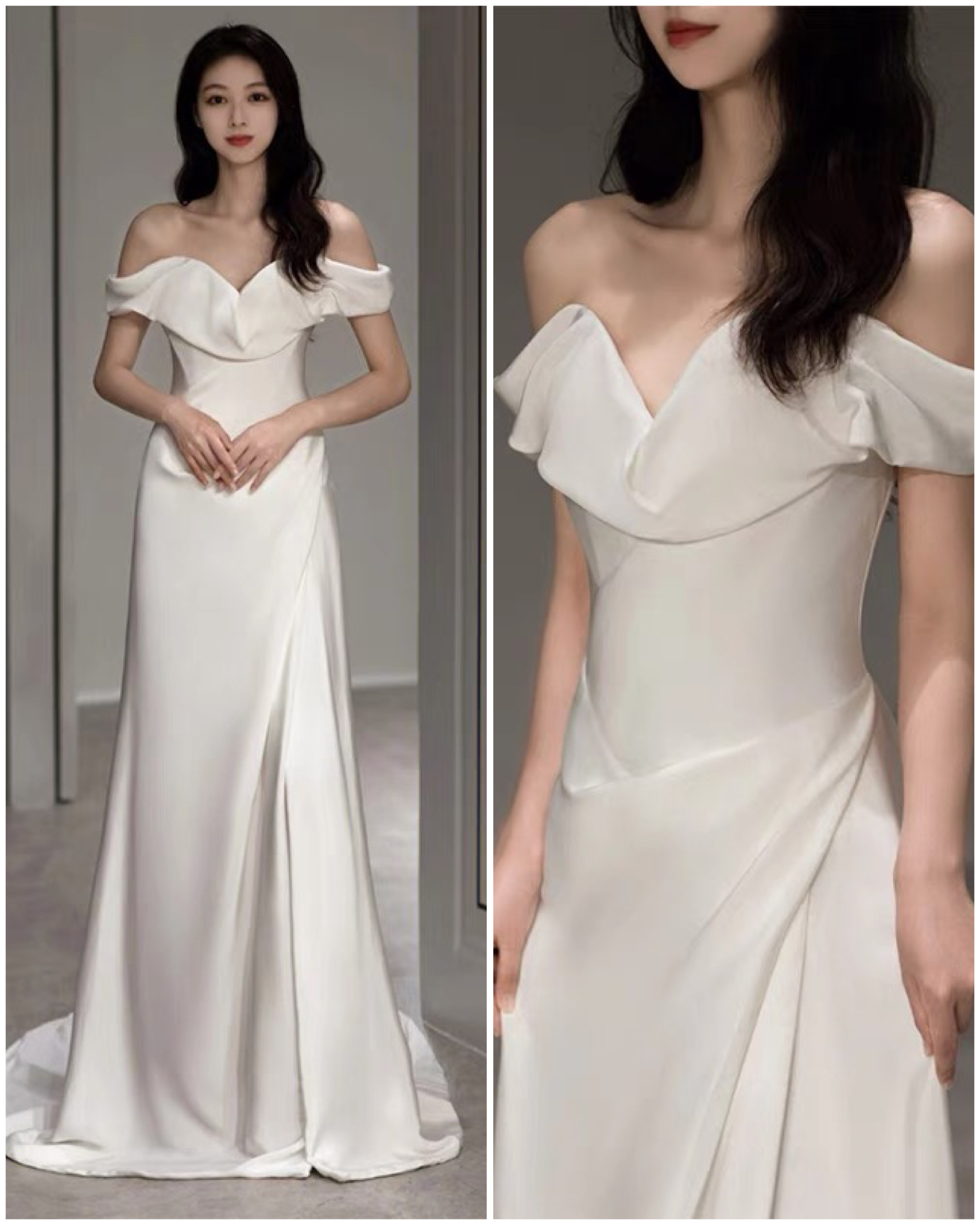 オフショルダー サテン スリット 二次会 前撮り ウェディングドレス（WD242234）