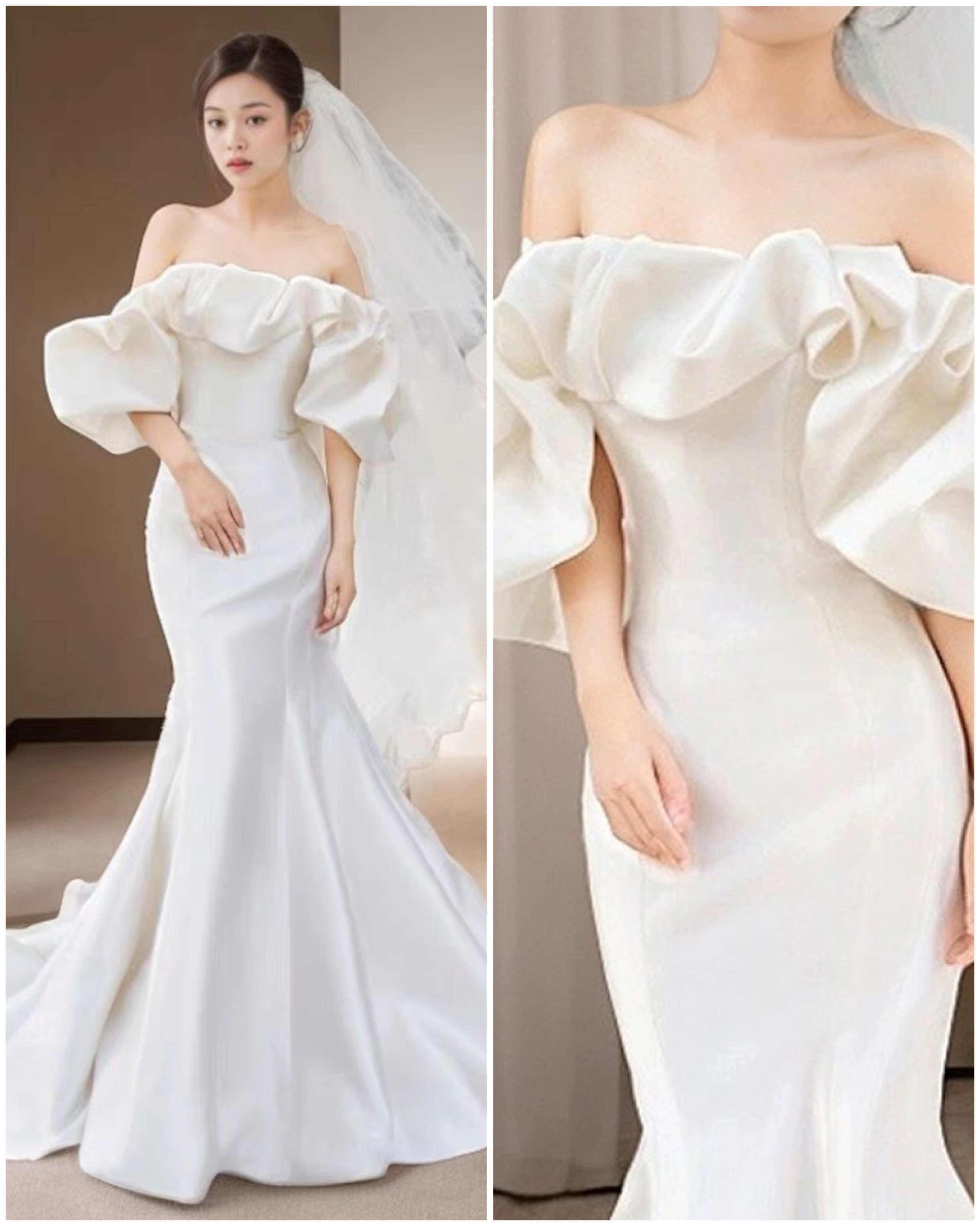 オフショルダー サテン フリル 二次会 前撮り ウェディングドレス（WD242235）