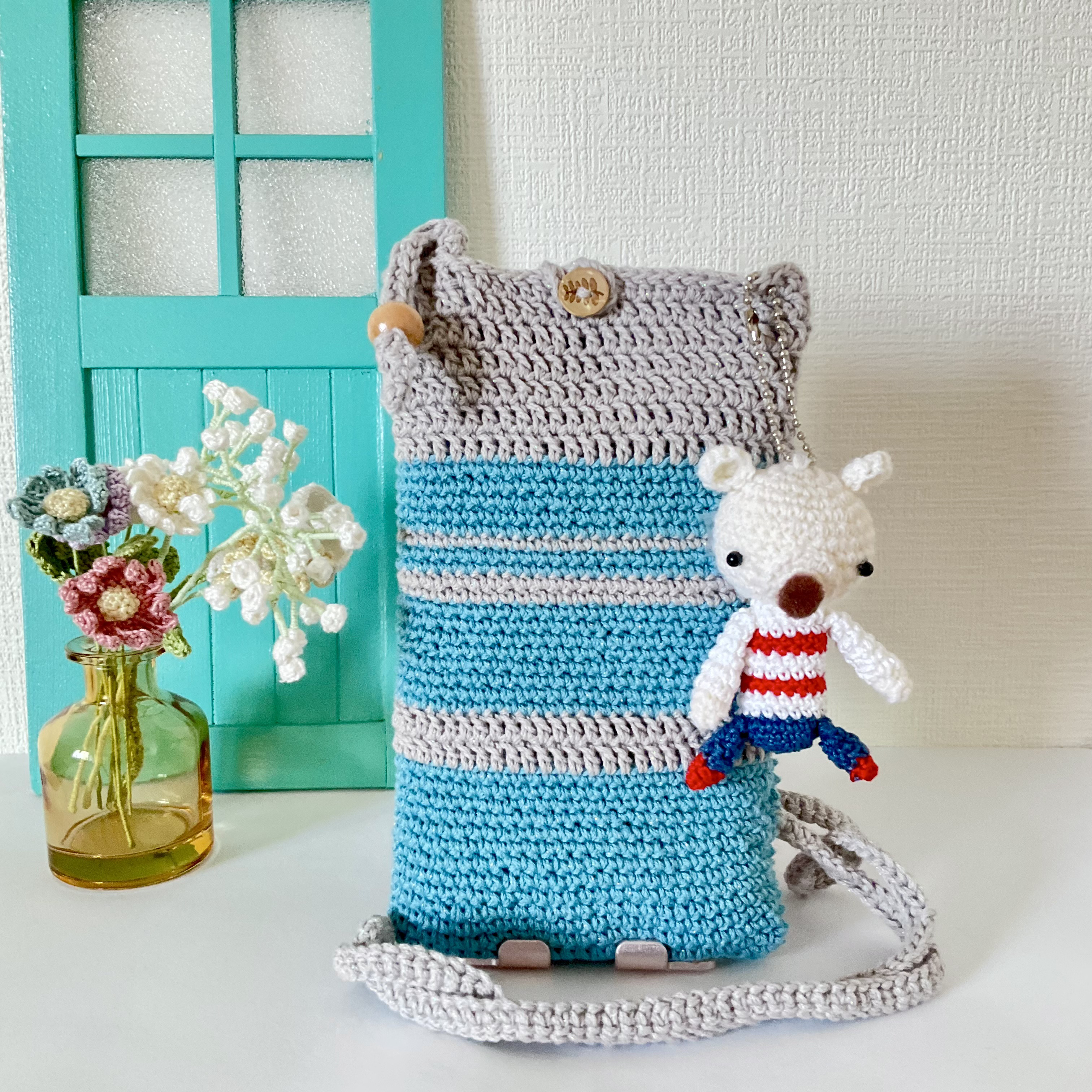 がま口ミニバック あみぐるみ くまちゃん斜めがけポシェット ⭐ハンドメイド⭐