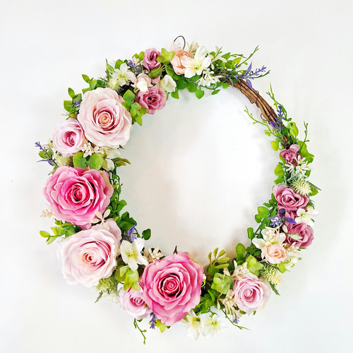 34cm>メルヘンチックなピンクのバラとグリーンのナチュラルリース/造花