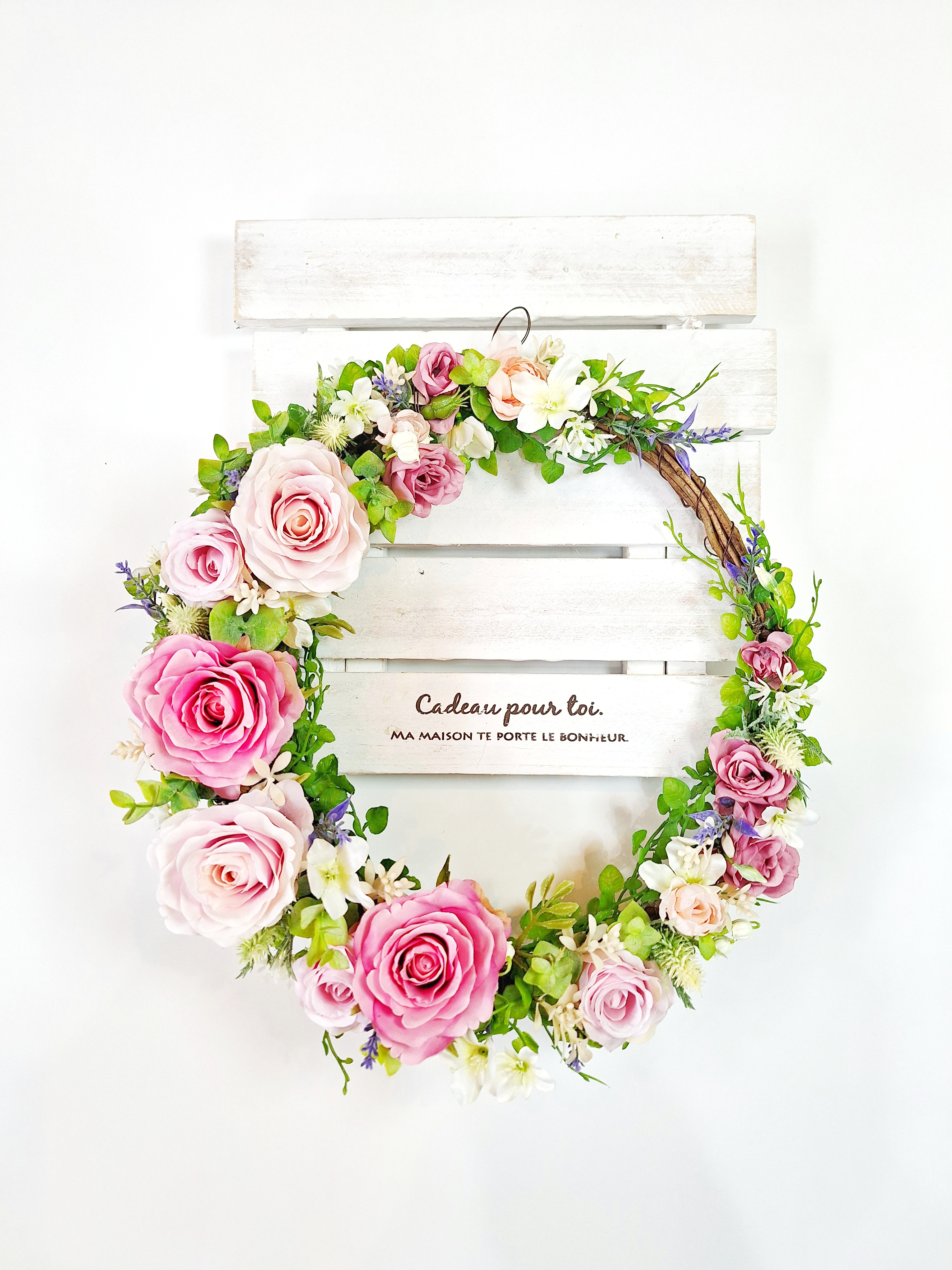 <34cm>メルヘンチックなピンクのバラとグリーンのナチュラルリース/造花/送別ギフト/リース箱無料