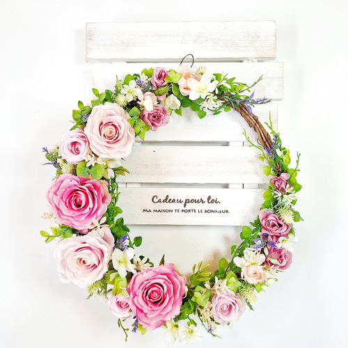 リース ピンク系 ばら プリザーブドフラワーのハートリース ピンクのバラ（縦15cm 横16cm